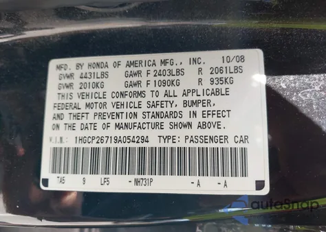 2009 Honda Accord 2.4 Ex from USA, damaged, VIN 1HGCP26719A054294